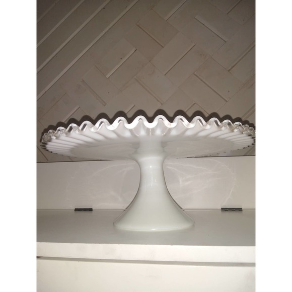 Fenton silver crest ruffled milk glass cake stand with ribbon crystal edge - Picture 3 of 8